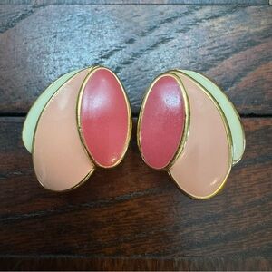 Vintage Napier Pink Enamel Layered Earrings | 1980s Gold Statement Jewelry